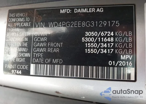 2016 Mercedes-Benz Metris из США, поврежденный, VIN WD4PG2EE8G3129175